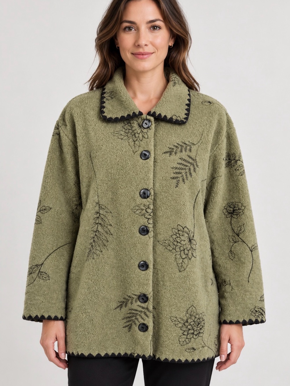 Olive Green Floral Teddy Jacket with Contrast Trim
